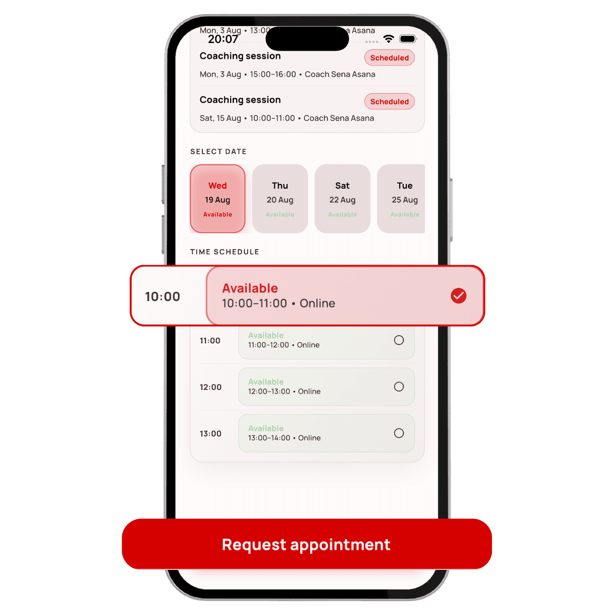 Trainno athlete booking an appointment from available sessions